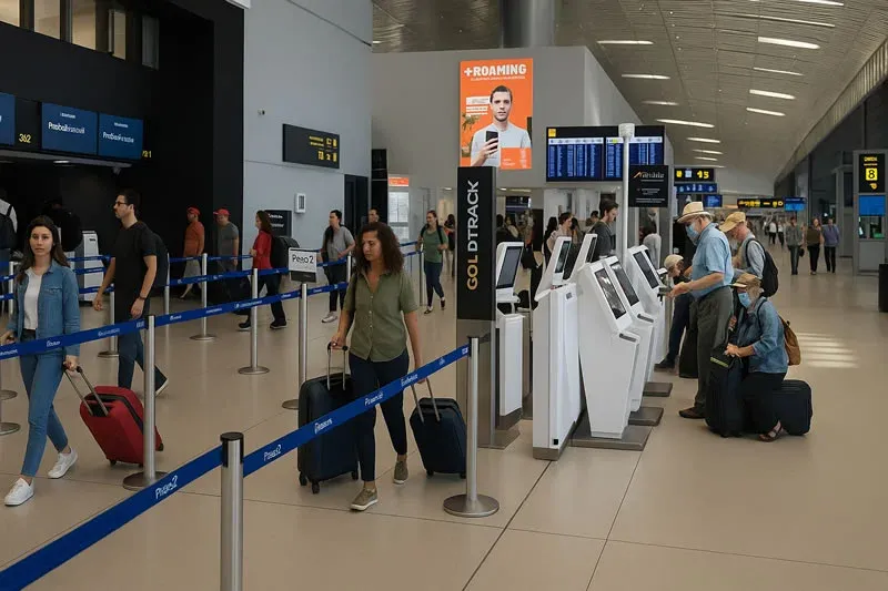 Zona de check-in en la Terminal 2 del Aeropuerto de Tocumen, Panamá, con pasajeros bien definidos utilizando kioscos de autoatención, haciendo fila en líneas organizadas y caminando con equipaje en un entorno moderno y bien iluminado.